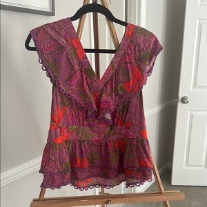 Floral Ruffle V-Neck Top - Purple and Red